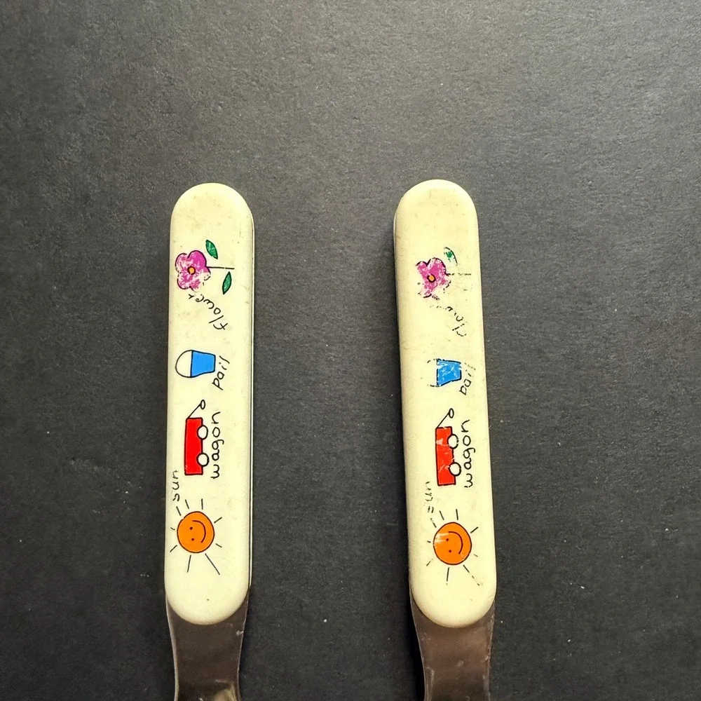Anacapa Vintage Kids Fork and Spoon‎ Set Stainless Steel Sun Wagon Pail Flower
